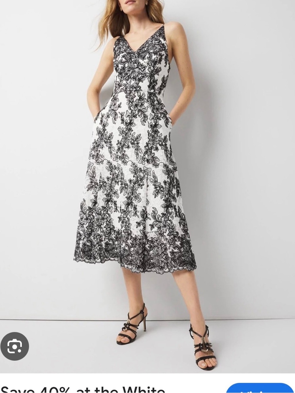 White House Black Market Black and White Lace V-Neck Midi Dress